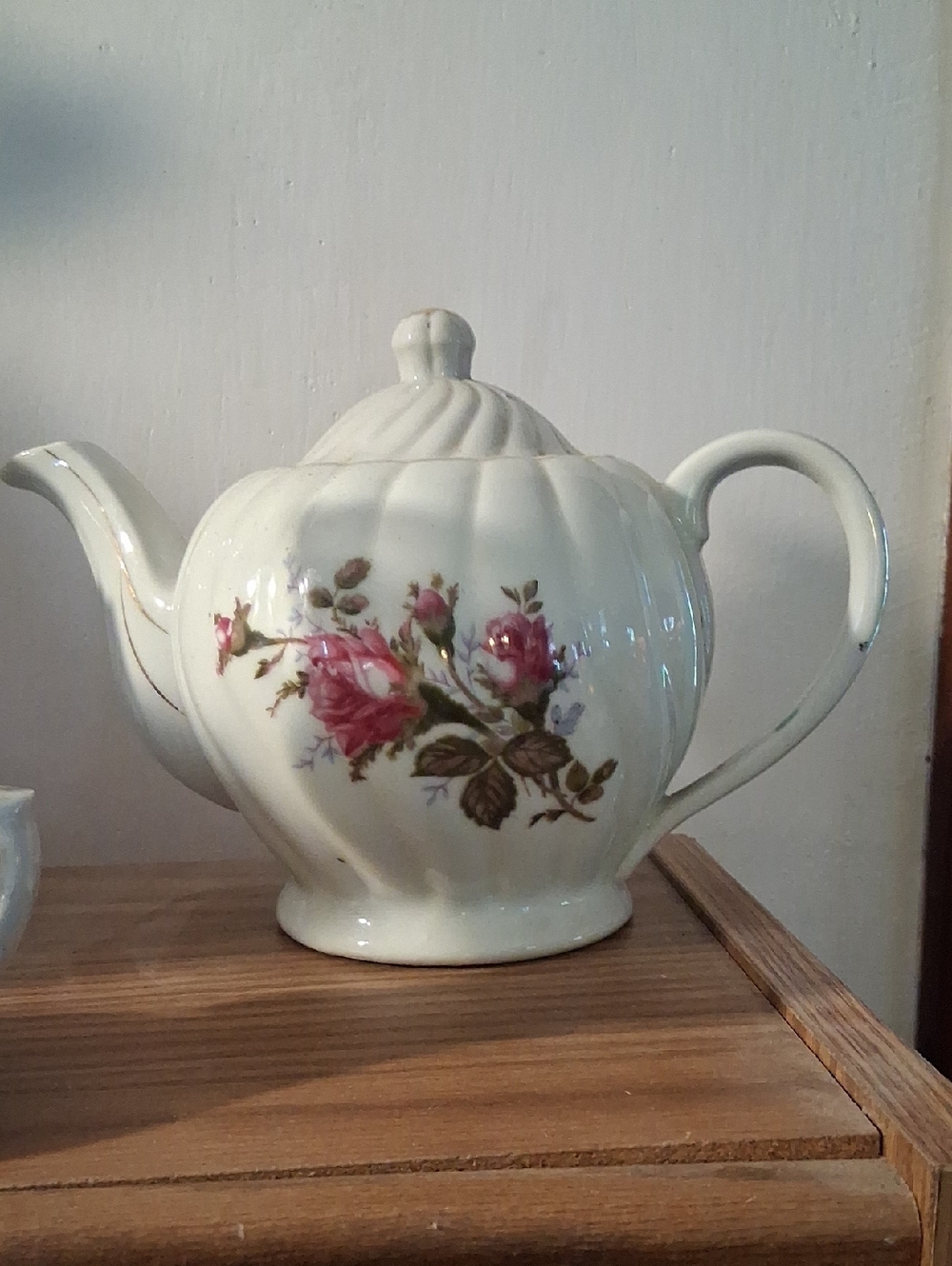 Classic Floral White Porcelain Teapot with Pink Rose Design